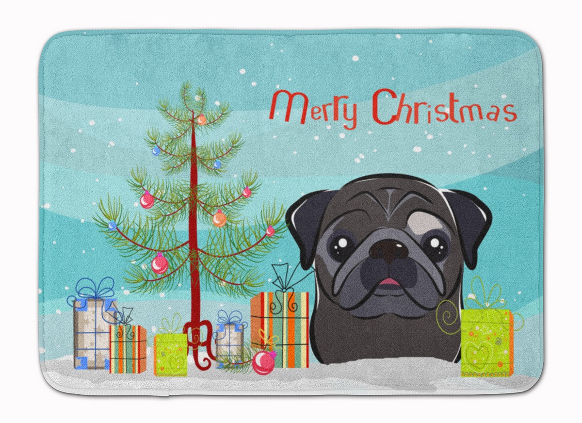 BB1635RUG Christmas Tree & Black Pug Machine Washable Memory Foam Mat