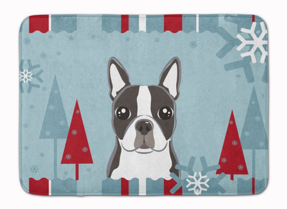 BB1699RUG Winter Holiday Boston Terrier Machine Washable Memory Foam Mat