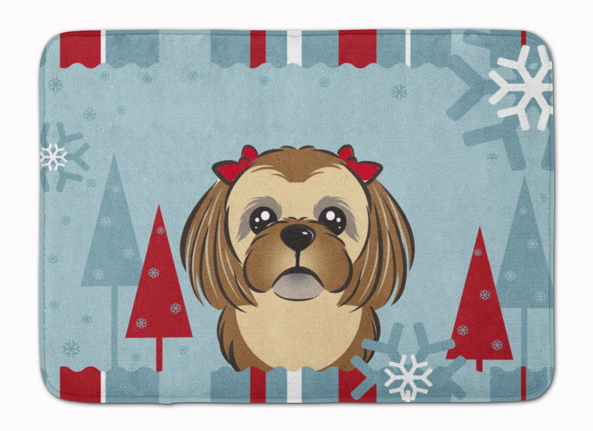 Winter Holiday Chocolate & Brown Shih Tzu Machine Washable Memory Foam Mat