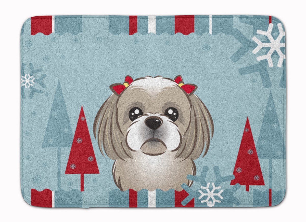 Winter Holiday Grey & Silver Shih Tzu Machine Washable Memory Foam Mat