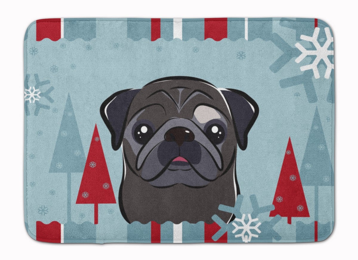 Winter Holiday Black Pug Machine Washable Memory Foam Mat