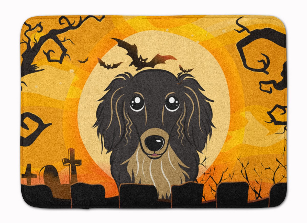 Halloween Longhair Black and Tan Dachshund Machine Washable Memory Foam Mat