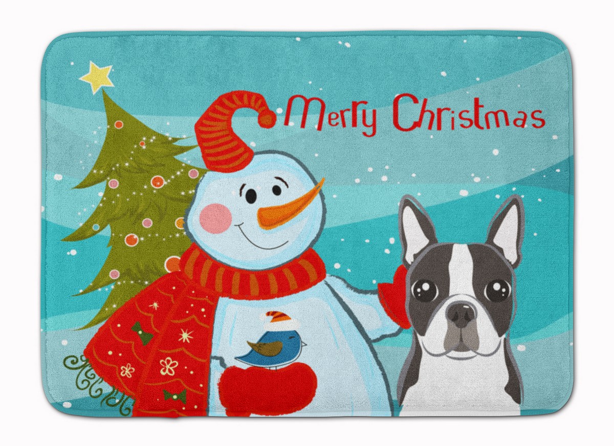 BB1823RUG Snowman with Boston Terrier Machine Washable Memory Foam Mat