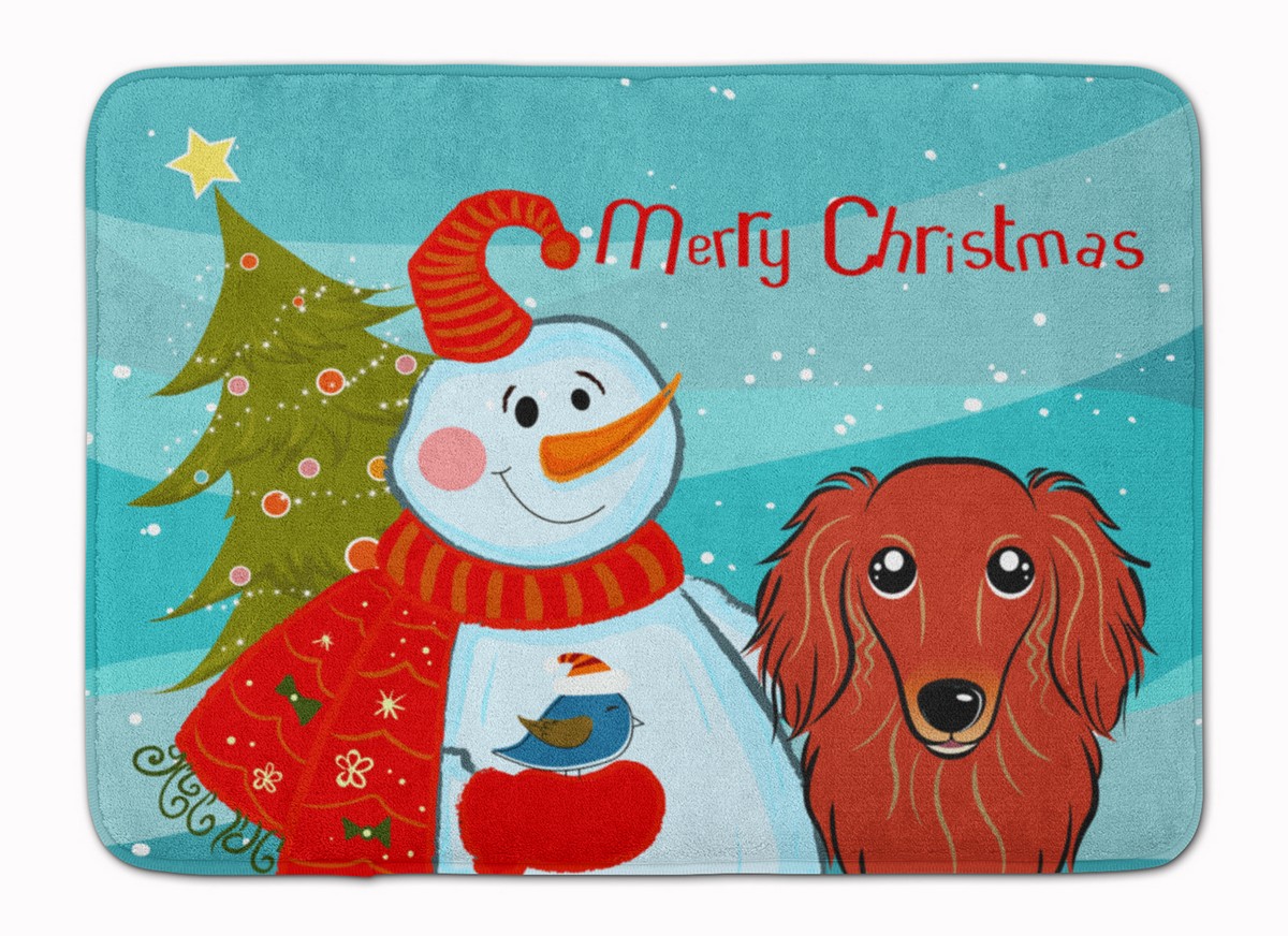 Snowman with Longhair Red Dachshund Machine Washable Memory Foam Mat