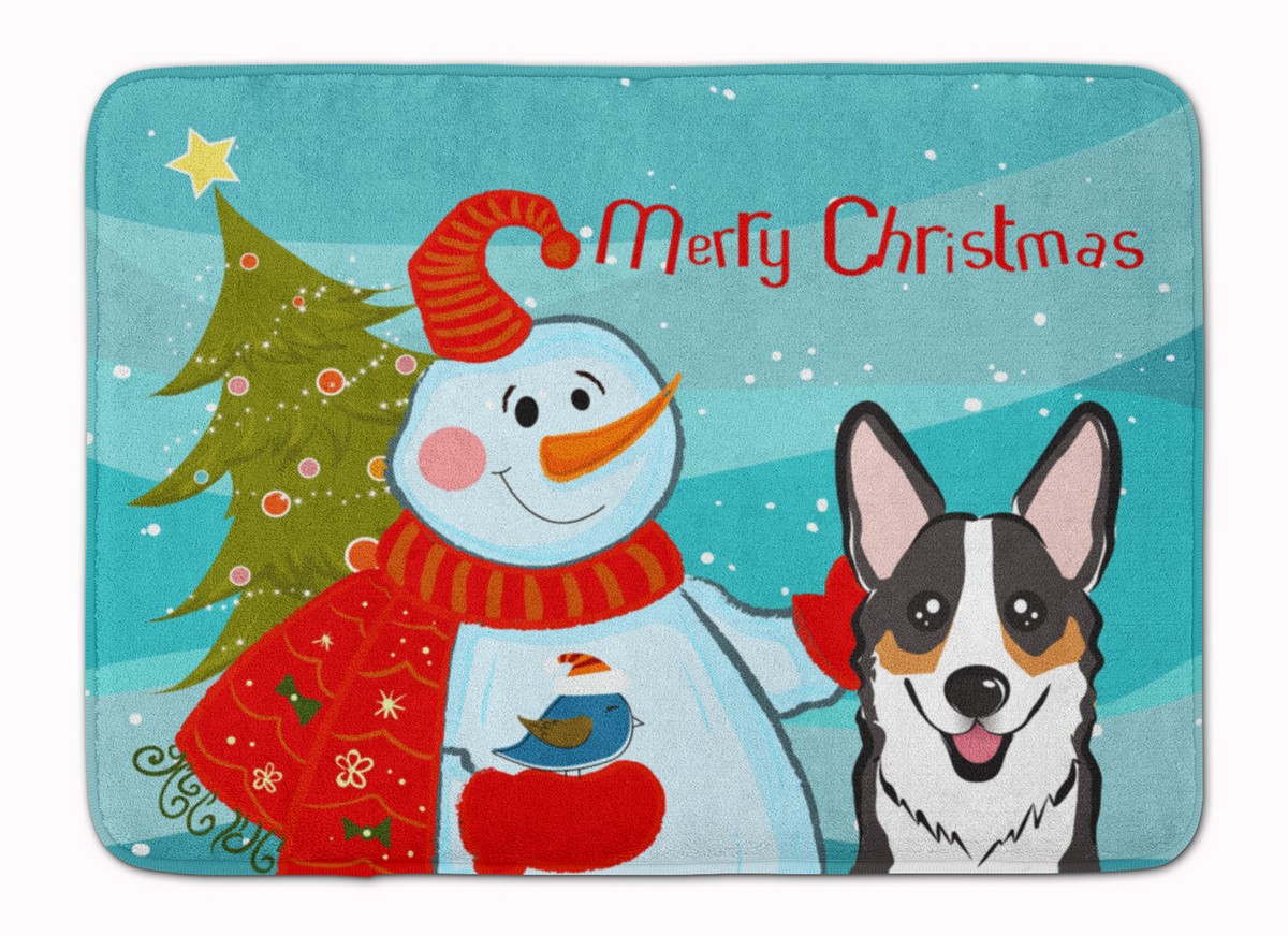 BB1875RUG Snowman with Tricolor Corgi Machine Washable Memory Foam Mat