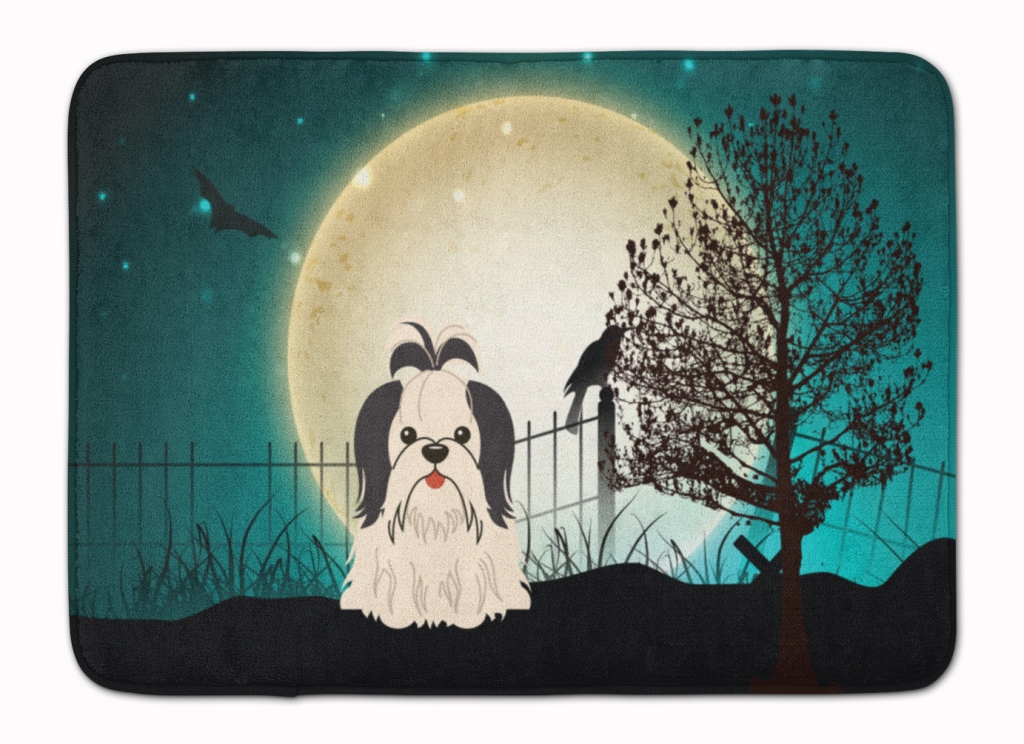 Halloween Scary Shih Tzu Black & White Machine Washable Memory Foam Mat - Black & White - 19in. H x 0.25in. W x 27in. L