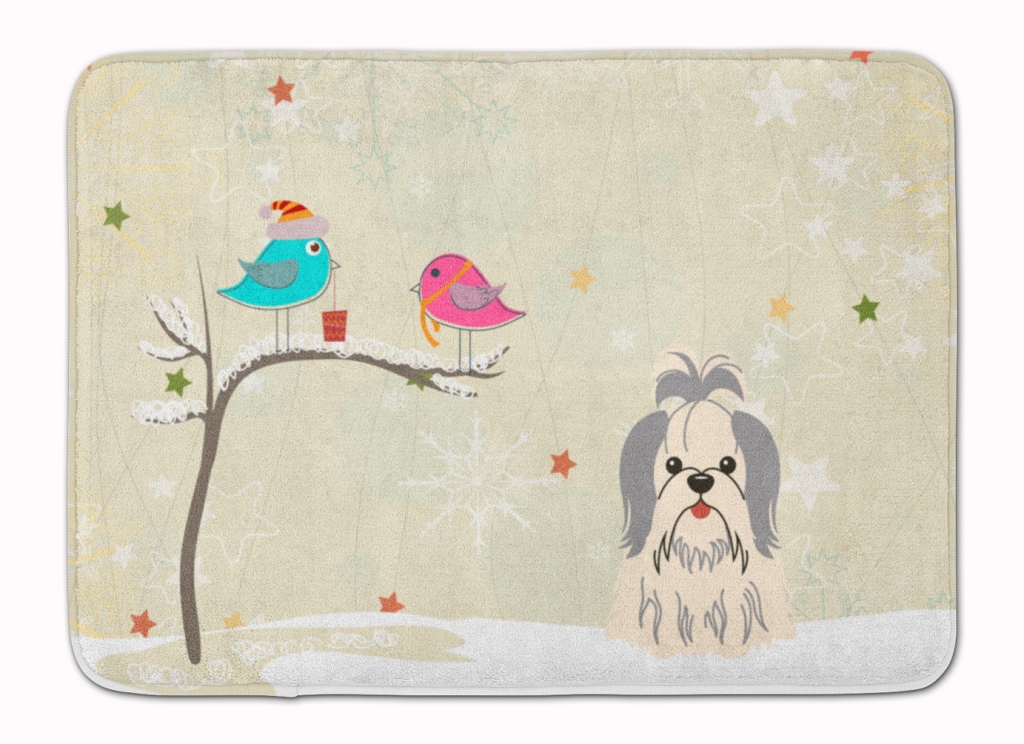 BB2557RUG Christmas Shih Tzu Silver White Machine Washable Memory Foam Mat
