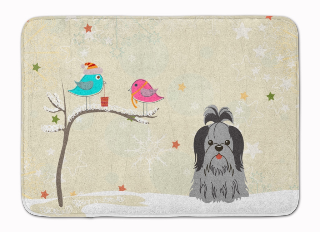 BB2561RUG Christmas Shih Tzu Black & Silver Machine Washable Memory Foam Mat