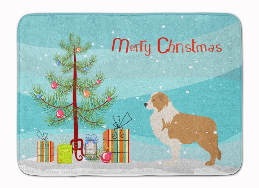 Red Border Collie Merry Christmas Tree Machine Washable Memory Foam Mat