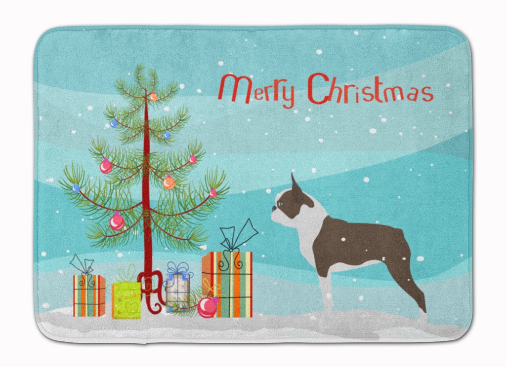 BB2962RUG Boston Terrier Merry Christmas Tree Machine Washable Memory Foam Mat