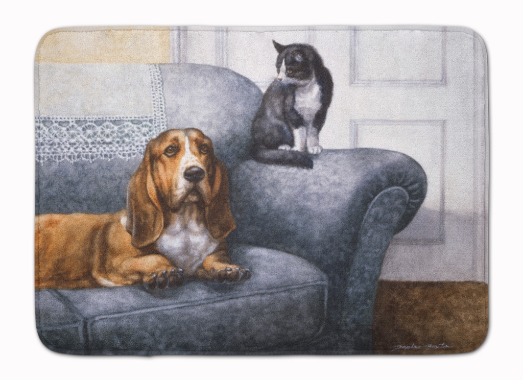 Basset Hound & Cat on couch Machine Washable Memory Foam Mat