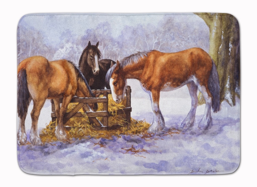 Horses eating Hay in the Snow Machine Washable Memory Foam Mat