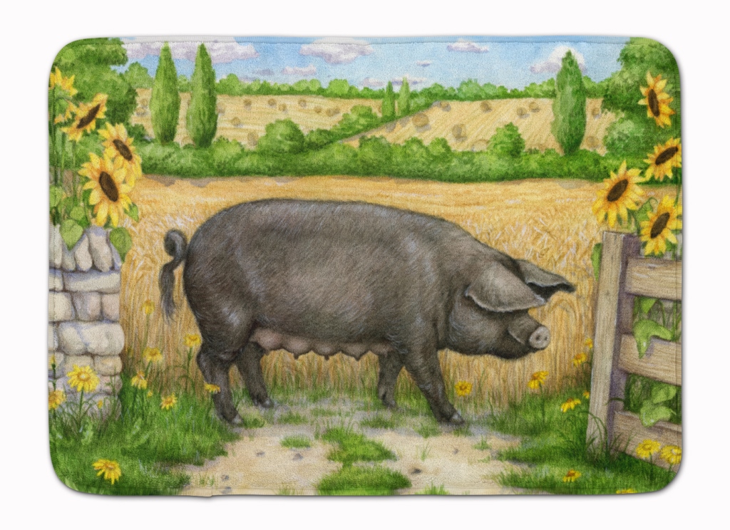 Black Pig with Sunflowers Machine Washable Memory Foam Mat