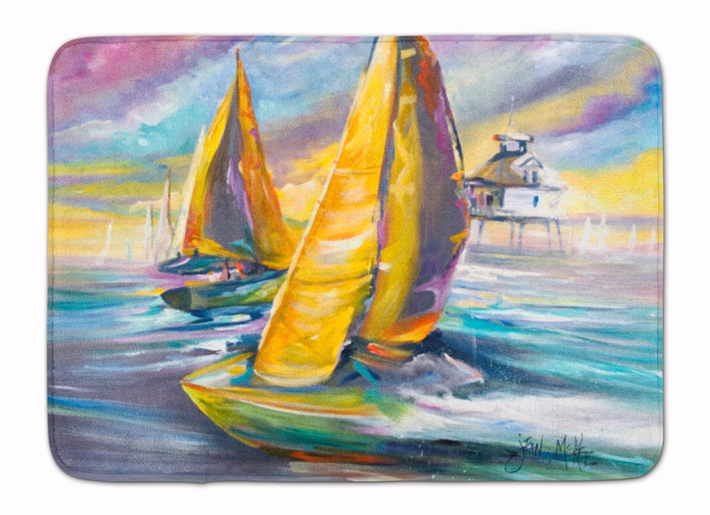 JMK1061RUG Sailboat with Middle Bay Lighthouse Machine Washable Memory Foam Mat