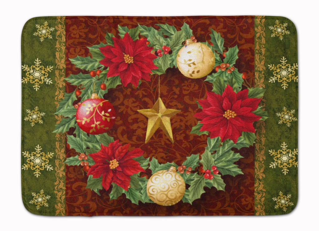 Holly Wreath with Christmas Ornaments Machine Washable Memory Foam Mat