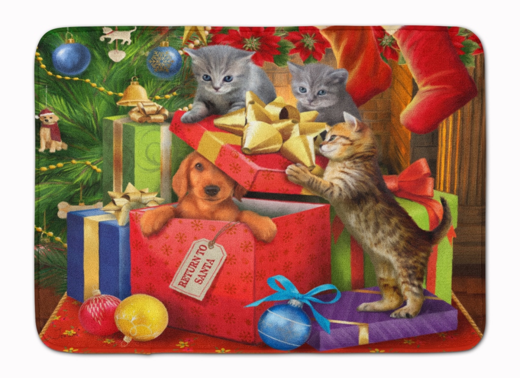 Kittens Return Puppy to Santa Claus Machine Washable Memory Foam Mat