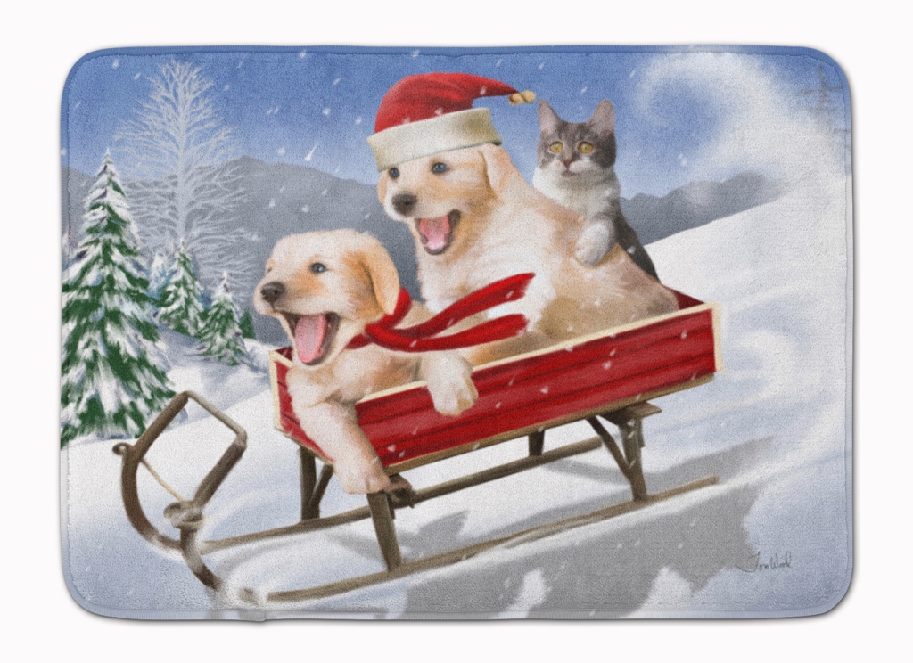 Dogs & Kitten in Sled Need for Speed Machine Washable Memory Foam Mat