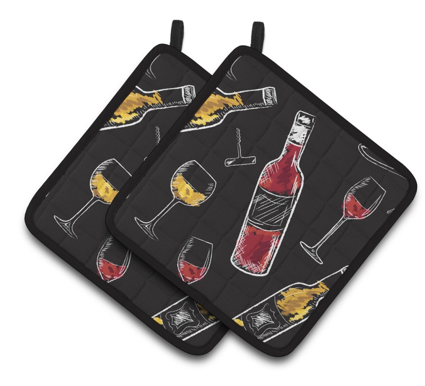 BB5197PTHD Red & White Wine on Black Pair of Pot Holders