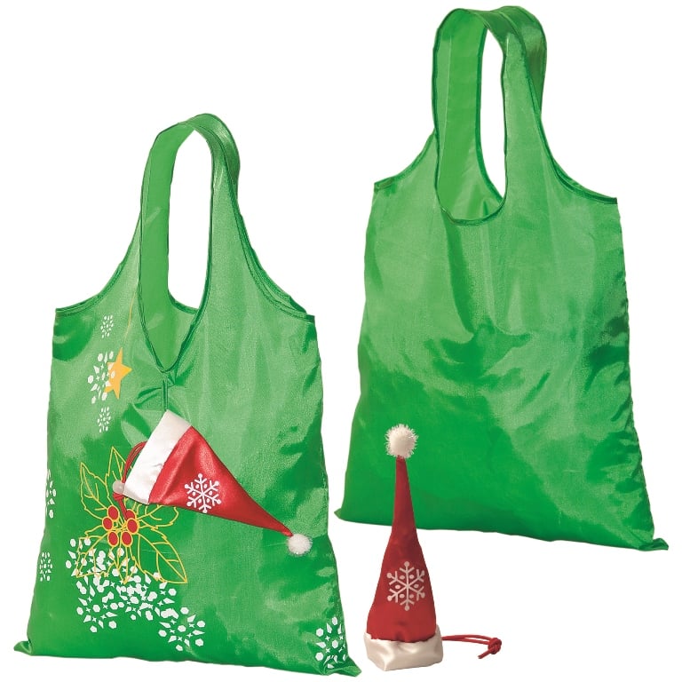 Picture of Debco F7347 Holiday Folding Tote Bag - Green Tote with Red Hat 