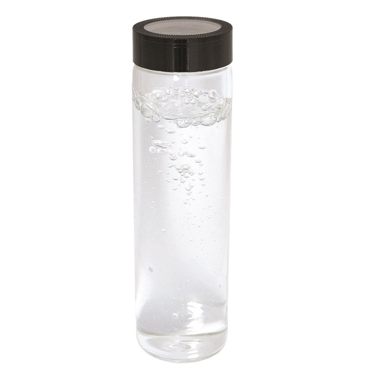 Picture of Debco WB1503 600 ml 20 oz Single Wall Glass Bottle - Clear Glass Bottle / Black Lid