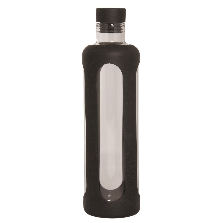 Picture of Debco WB8208 600 ml 20 oz Glass Water Bottle with Silicone Sleeve - Clear Glass bottle - Black Silicone Wrap / Cap 