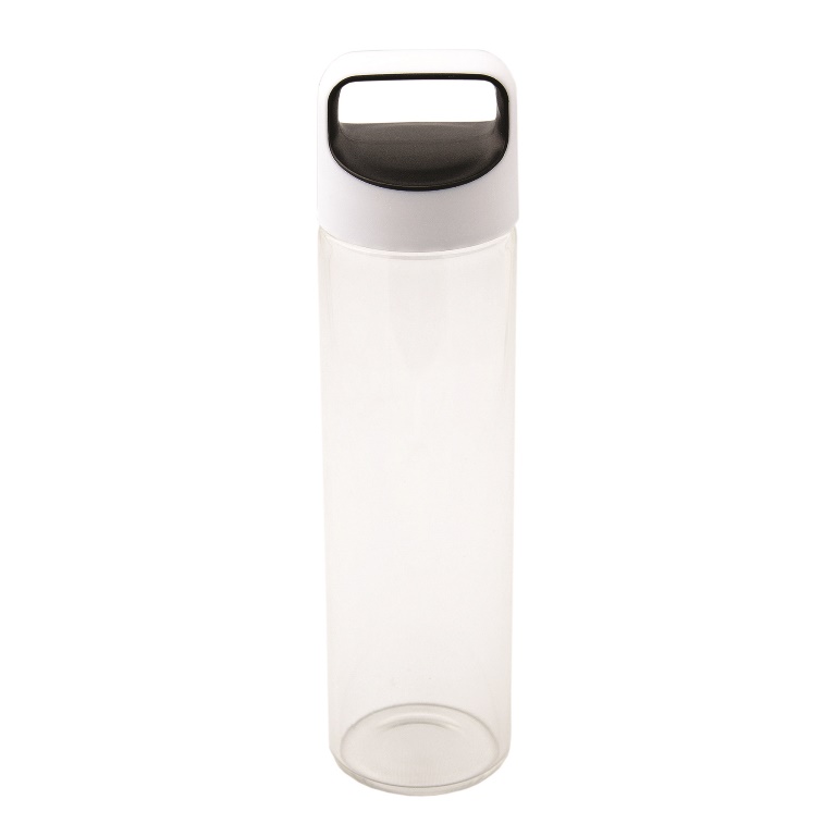 Picture of Debco WB8480 600 ml 20 oz Glass Water Bottle - Clear Glass Bottle / White / Black Lid 