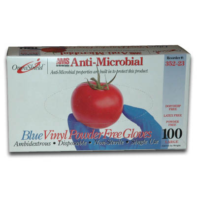 Picture of OmniShield 922-90986BX100 Anti-Microbial Blue Vinyl Powder Free Gloves&#44; Large - Box of 100