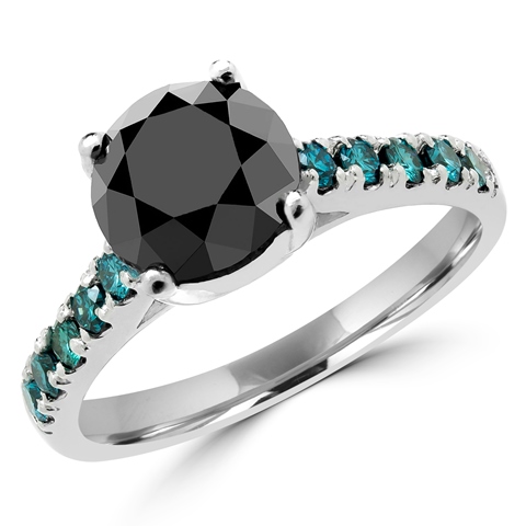 3.25 CTW Round Black & Blue Diamond Multi Stone Engagement Ring in 14K White Gold, Size 7