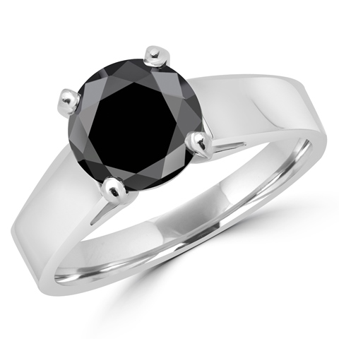 MD160317-4.75 1.75 CT Classic 4-Prong Round Black Diamond Engagement Ring in 14K White Gold, Size 4.75