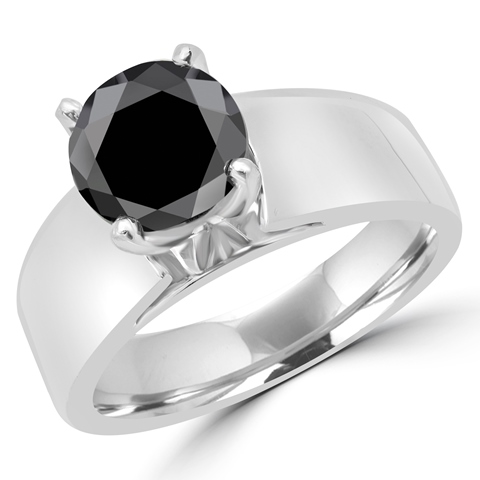 MD160321-5.25 2.4 CT Round Black Diamond Wide Band Engagement Ring in 14K White Gold, Size 5.25