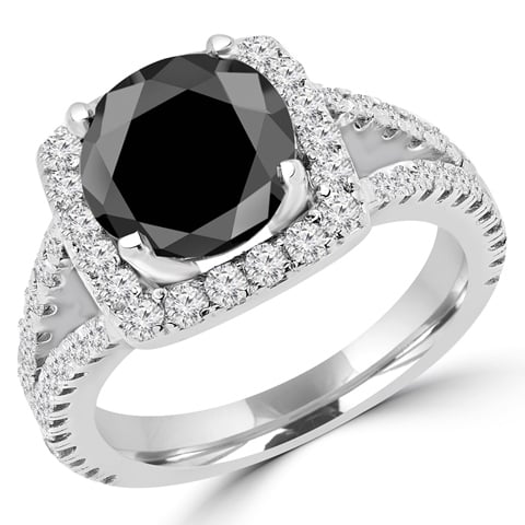 MD160325-4.5 4.75 CTW Round Cut Black & White Diamond Halo Engagement Ring in 14K White Gold, Size 4.5 -  Majesty Diamonds