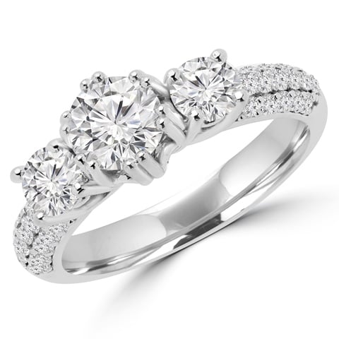 MD160344-4.5 1.6 CTW Round Diamond Three Stone Engagement Anniversary Ring in 14K White Gold, Size 4.5