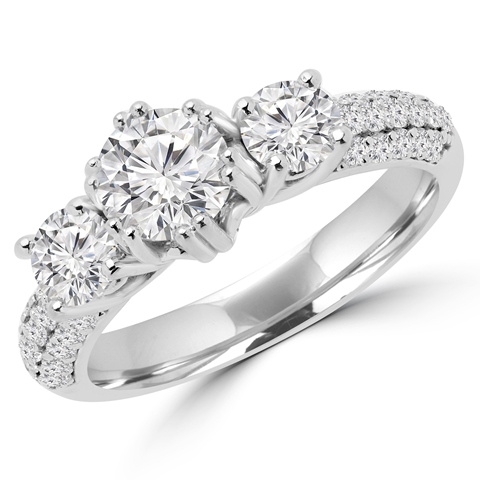 MD160344-5.25 1.6 CTW Round Diamond Three Stone Engagement Anniversary Ring in 14K White Gold, Size 5.25