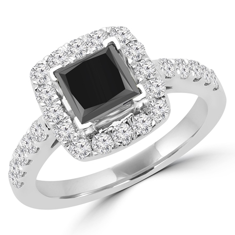 1.88 CTW Princess Cut Black & White Diamond Halo Engagement Ring in 14K White Gold, Size 6.25