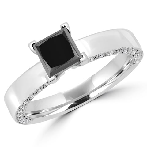 MD160366-8.25 1.7 CTW Princess Cut Black & White Diamond Solitaire Engagement Ring in 14K White Gold, Size 8.25