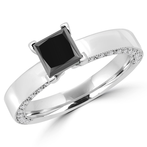 MD160366-9 1.7 CTW Princess Cut Black & White Diamond Solitaire Engagement Ring in 14K White Gold, Size 9