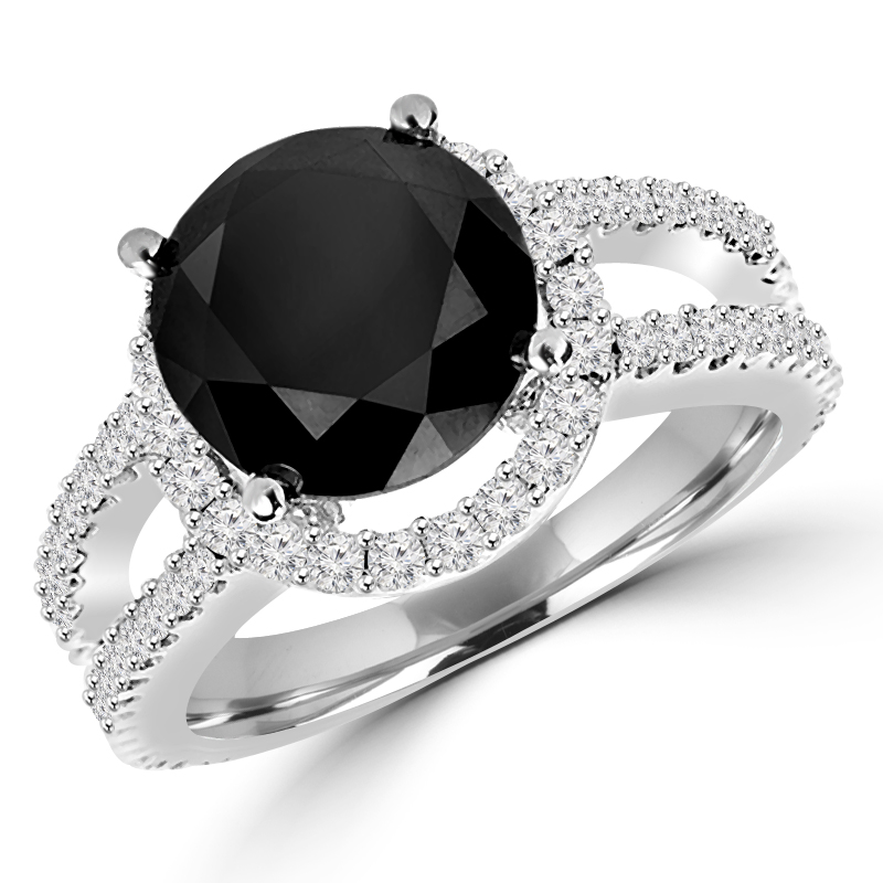 MD160448-8 5 CTW Round Black & White Diamond Halo Fashion Engagement Ring in 14K White Gold, Size 8