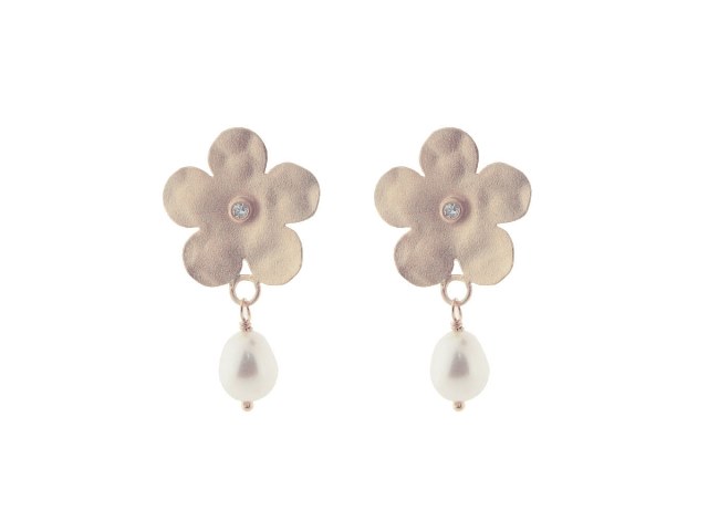 Picture of Fronay Collection Rose Gold Hammered Flower & Rice Pearl Earrings