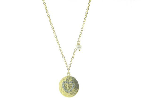 Picture of Fronay Collection Silver Gold Plated Hammer Look 15 mm Disc CZ Silouette Heart & Pearl Necklace&#44; 16 Plus 2 in.