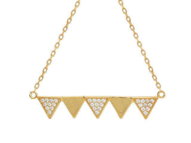 Silver Gold Plated 1.2 in. Bar of 5 Triangles Pave CZ Pendant Necklace, 16 Plus 2 in -  The Gem Collection, TH1113658