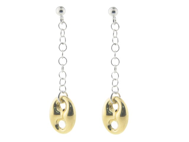 Italian Two Tone Sterling Silver Gold Plated Dangling Marine Link Earrings -  Fronay Collection, 455101