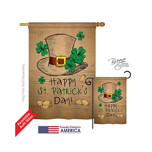 02031 St Pats Hat Burlap 2-Sided Vertical Impression House Flag - 28 x 40 in.