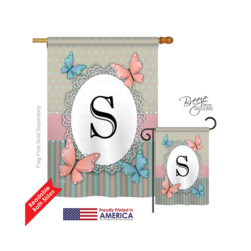 30149 Butterflies S Monogram 2-Sided Vertical Impression House Flag - 28 x 40 in.