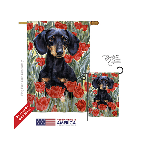 10080 Pets Dachsund In Tulips 2-Sided Vertical Impression House Flag - 28 x 40 in.