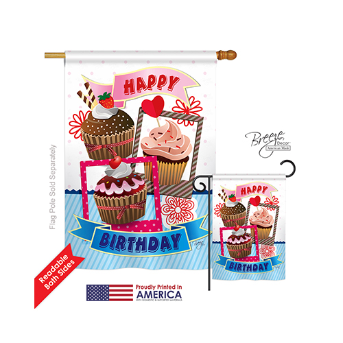 15096 Party & Celebratio Birthday Cupcake 2-Sided Vertical Impression House Flag - 28 x 40 in.