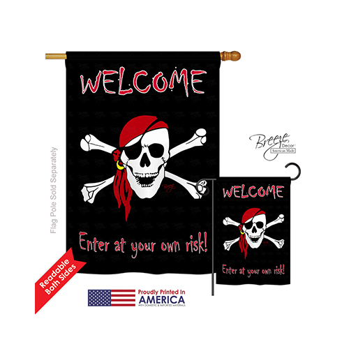 07045 Pirate Enter at your own risk 2-Sided Vertical Impression House Flag - 28 x 40 in.