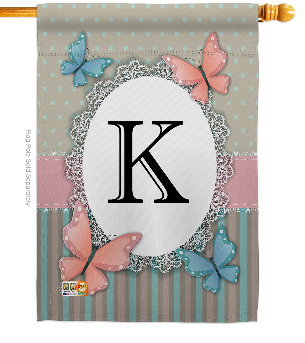 30141 Butterflies K Monogram 2-Sided Vertical Impression House Flag 28 x 40 in -  GardenControl, GA4216132
