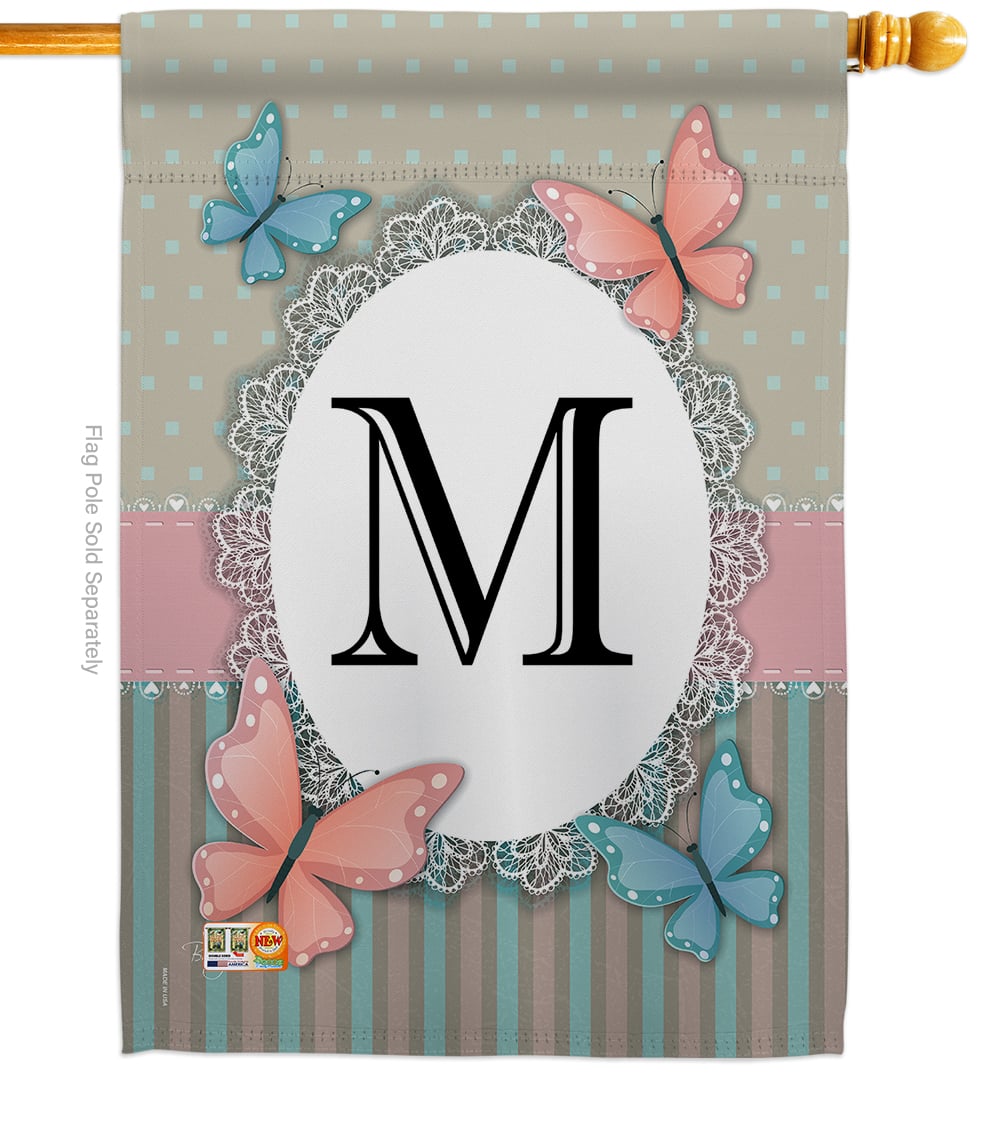 30143 Butterflies M Monogram 2-Sided Vertical Impression House Flag - 28 x 40 in.