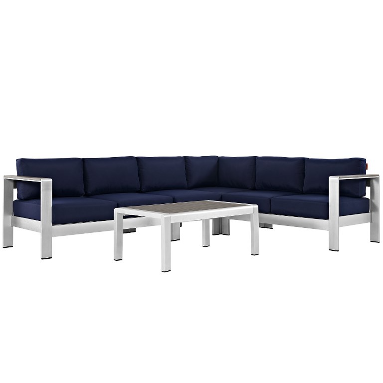 Modway EEI-2557-SLV-NAV Shore Outdoor Patio Aluminum Sectional Sofa Set, Silver & Navy - 5 Piece