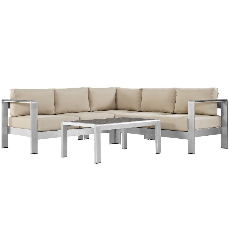 Modway EEI-2559-SLV-BEI Shore Outdoor Patio Aluminum Sectional Sofa Set, Silver & Beige - 4 Piece -  Modway Furniture